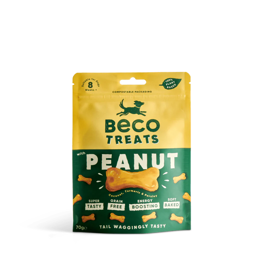 A yellow and green pack of Beco Pets Peanut Dog Treats with Coconut & Turmeric, featuring a bone-shaped treat. Plant-based and grain-free, these Beco snacks are energy-boosting and perfect for your pup.