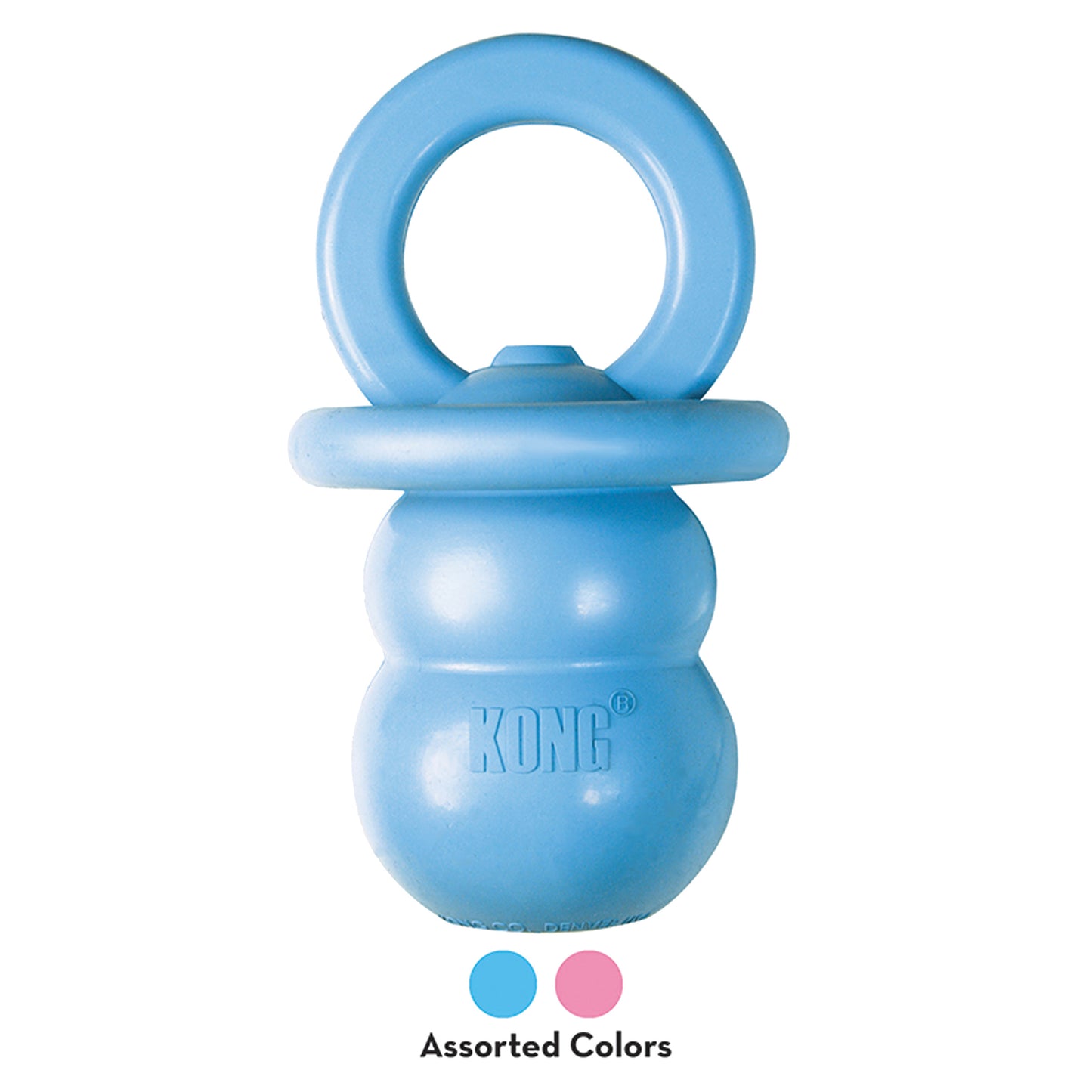 The $10 CLEARANCE: KONG Puppy Binkie by KONG is a rubber chew toy with a circular handle, designed to promote healthy chewing. Available in assorted colors: blue and pink.