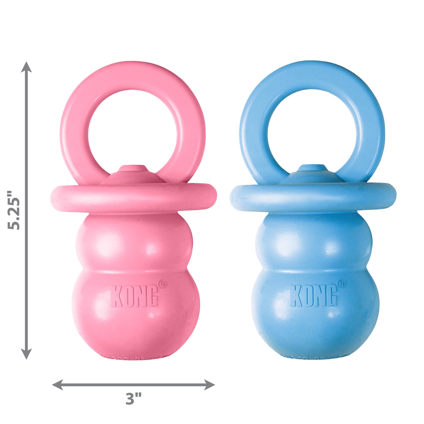 Two KONG Puppy Binkie chew toys, one pink and one blue, each with a ring handle. Each toy is 5.25" tall and 3" wide—perfect for encouraging healthy chewing in your pup. Now just $10 clearance!.