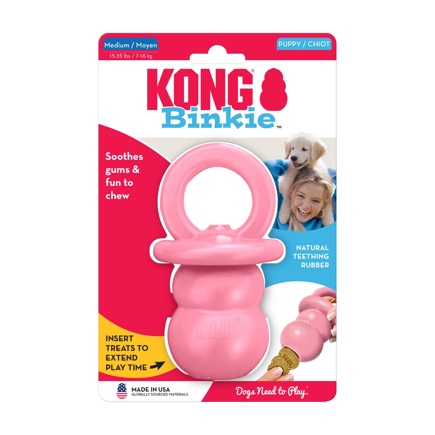 KONG Puppy Binkie dog toy, $10 clearance, designed for puppies (15-35 lbs), supports healthy chewing and teething. Made in the USA from natural rubber. Comes in packaging. Brand: KONG.