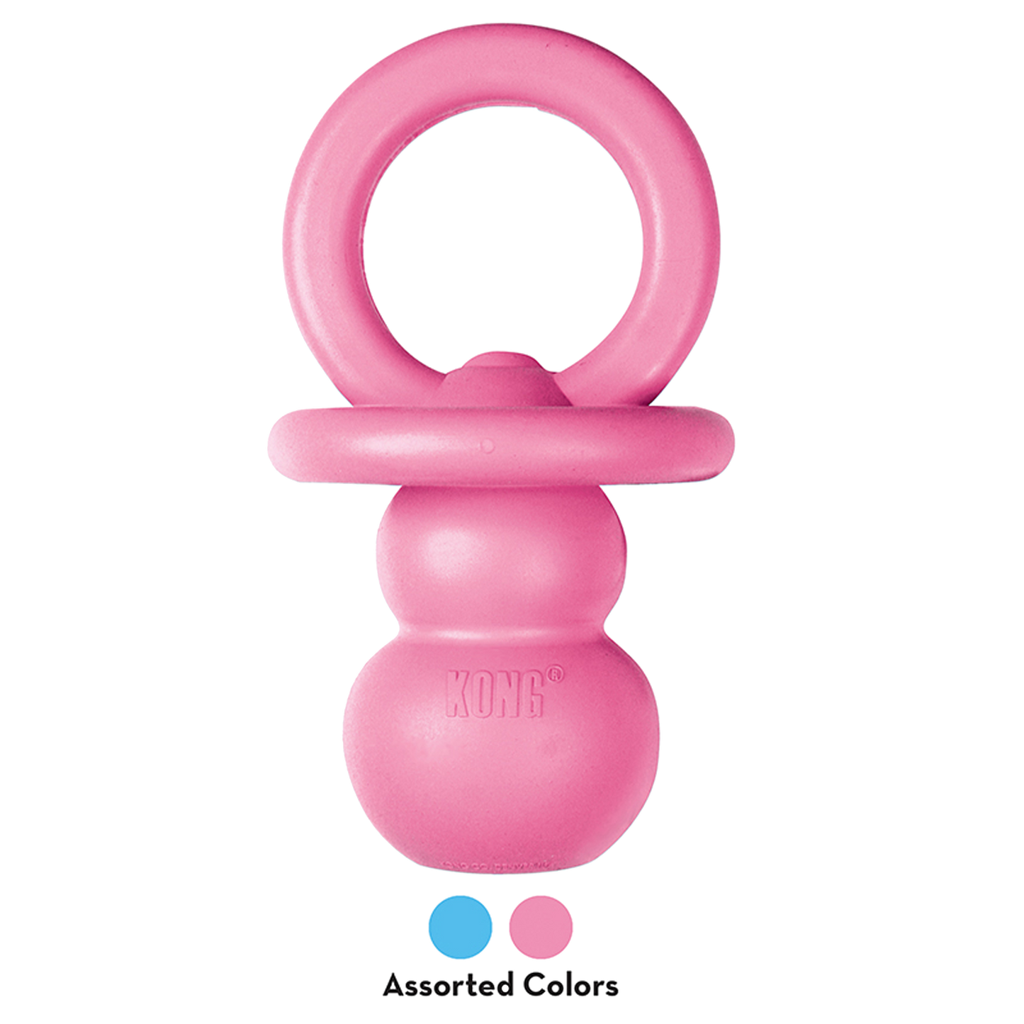 The KONG Puppy Binkie dog toy, by KONG, is shaped like a pacifier with a ring handle and bulbous base to promote healthy chewing. Available on $10 clearance in assorted colors such as pink and blue.