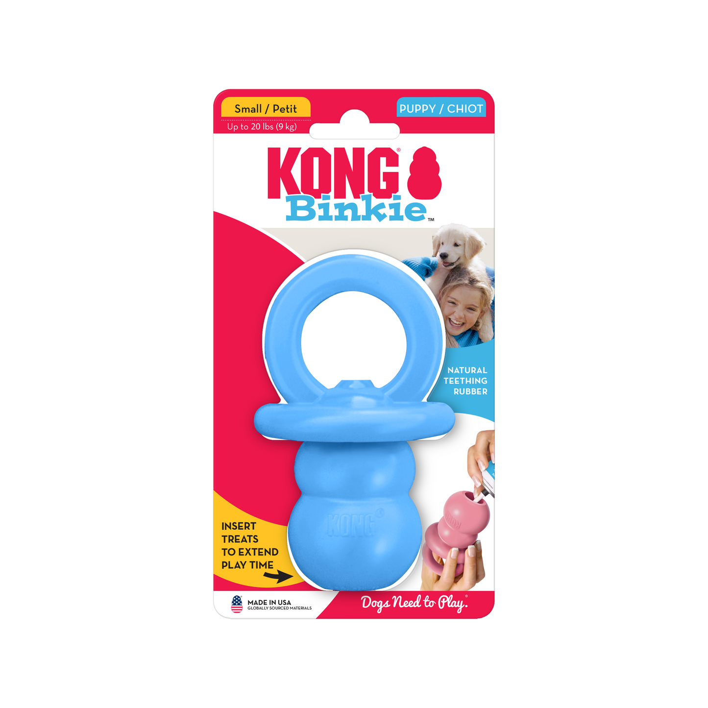 $10 CLEARANCE: KONG Puppy Binkie by KONG in blue, for small dogs up to 20 lbs, encourages healthy chewing; packaging includes product details and playful puppy photos.