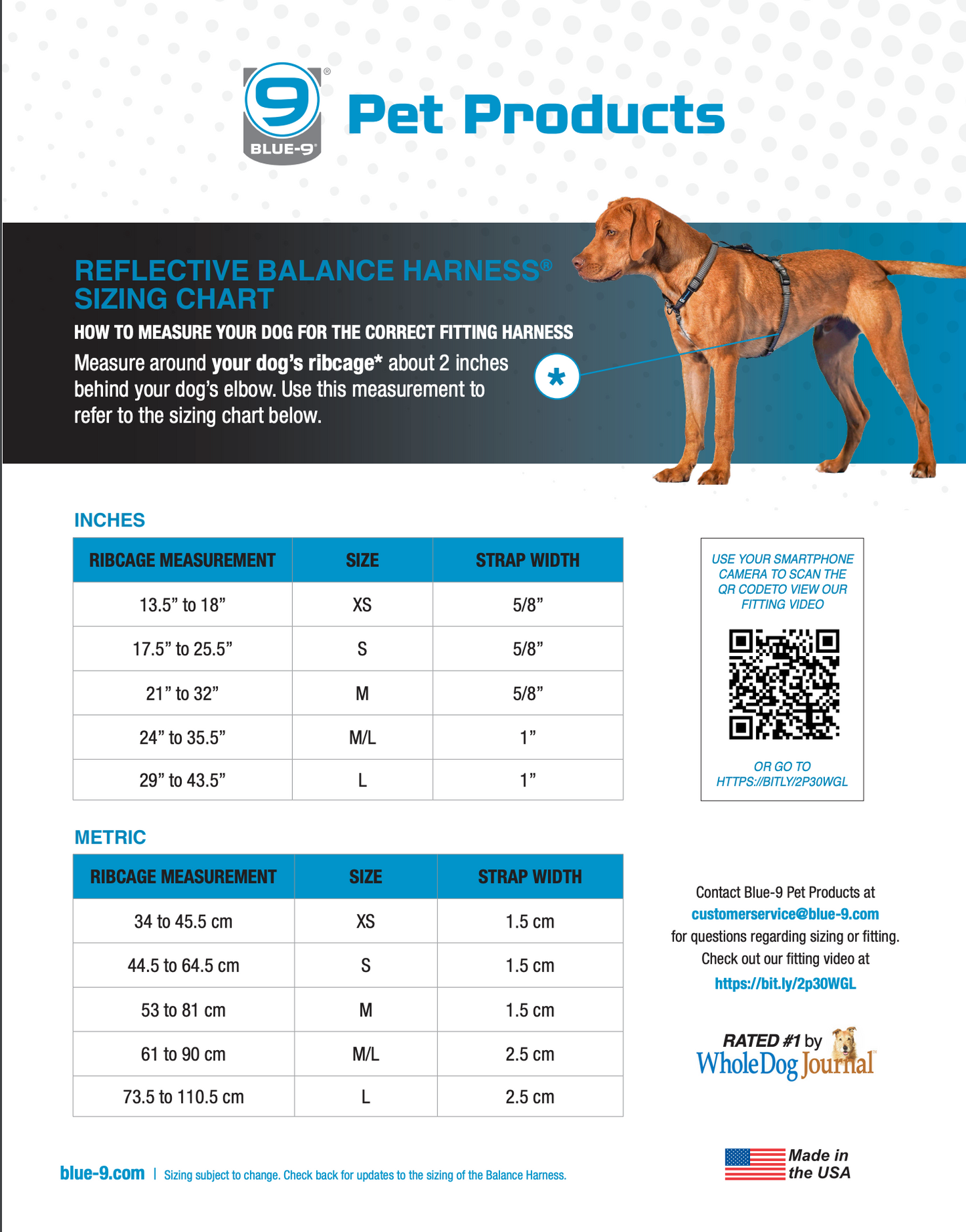 Blue-9's PRE-ORDER REFLECTIVE Balance Harness features a sizing chart with dog image, measurements in inches and cm, QR code, and brand logos. It includes instructions for ribcage measurement. This adjustable harness is made from lightweight nylon for comfort and safety.