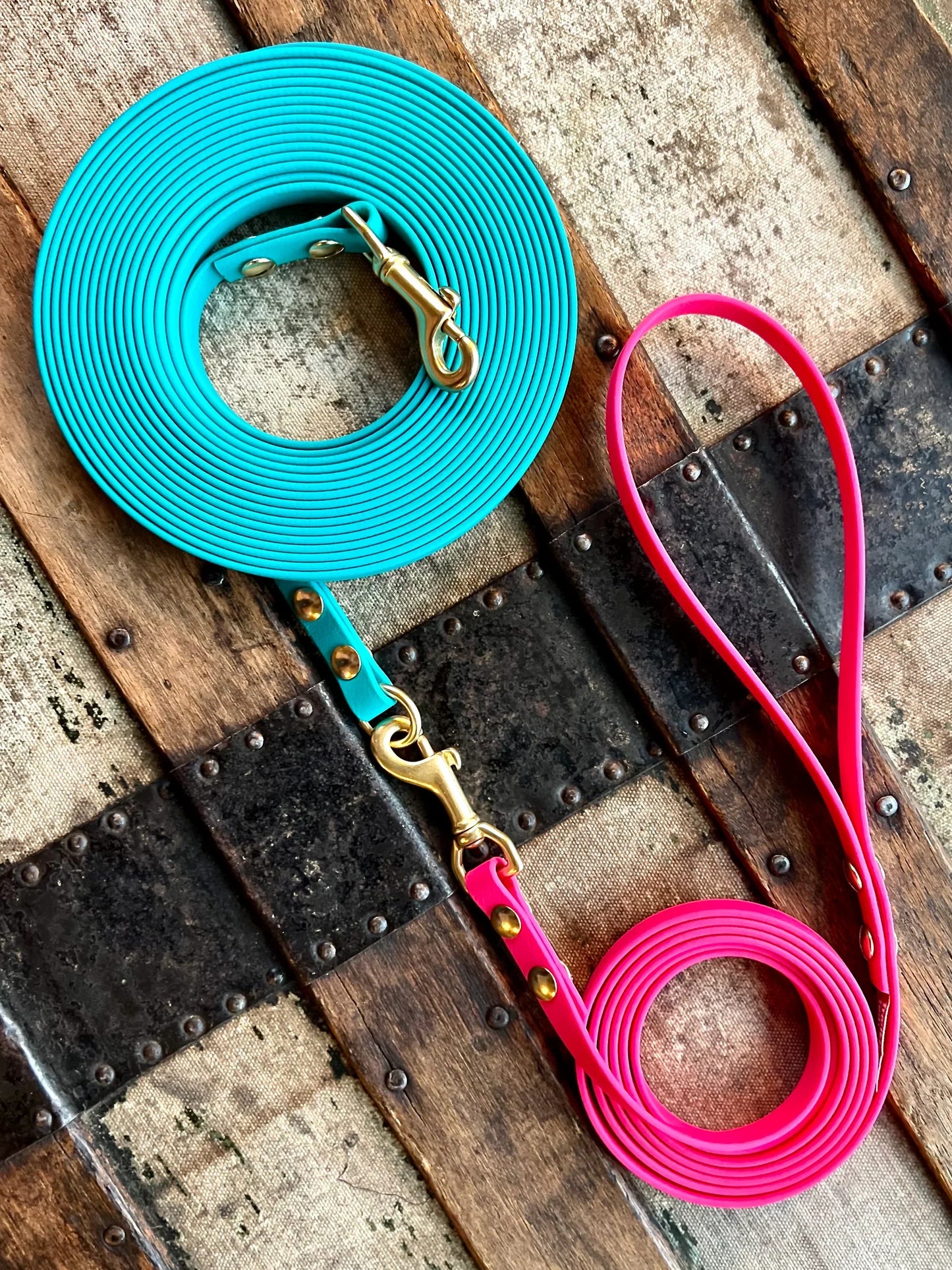 A neatly coiled turquoise and pink Trailblazing Tails: Long Line and Leash Extension (1/2 inch/Medium Dog) by Your Whole Dog with brass clasps lies on a rustic wooden surface.