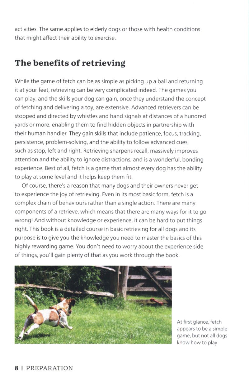 Page from a book about the benefits of retrieving with a dog illustration at the bottom.