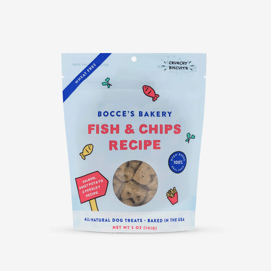 A bag of Bocce's Bakery: Fish & Chips Biscuits (5oz/141g) crunchy biscuit dog treats from Your Whole Dog.