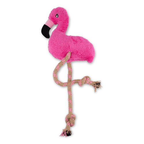 A Your Whole Dog CLEARANCE: Beco Rope: Flamingo Rope Toy with long, knotted hemp and cotton rope legs and feet made of frayed rope ends.