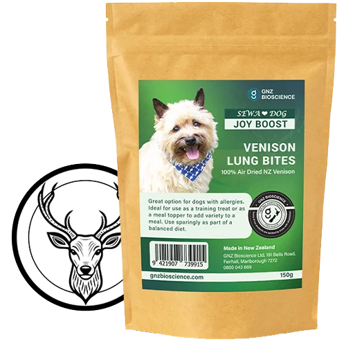A brown resealable bag of GNZ Bioscience SEWA Joy Boost Venison Lung Bites dog treats features a photo of a dog and a deer head illustration, highlighting natural goodness and an allergy-friendly recipe.