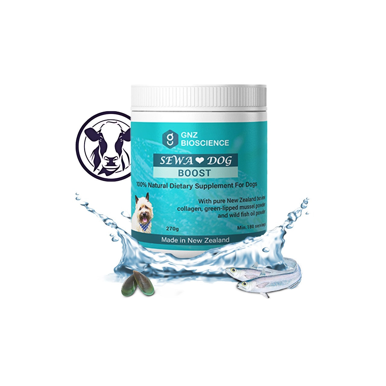 A 270g tub of GNZ Bioscience SEWA Dog Boost pellets, sold by Your Whole Dog
