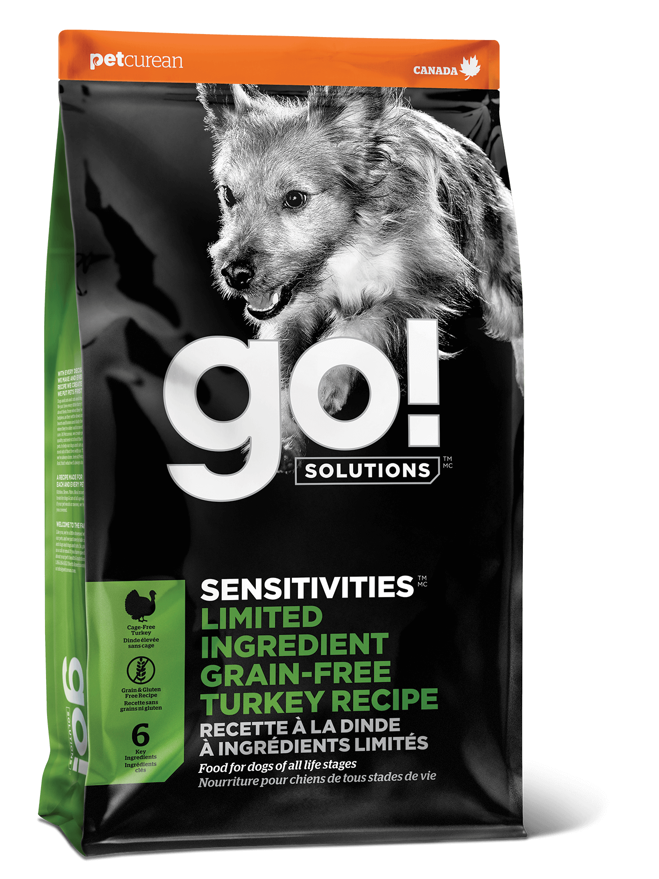 A black and green bag of Go! Solutions SENSITIVITIES Grain Free Limited Ingredient Turkey Recipe Dog Food features a dog image and product details—ideal for dogs needing limited ingredient diets.