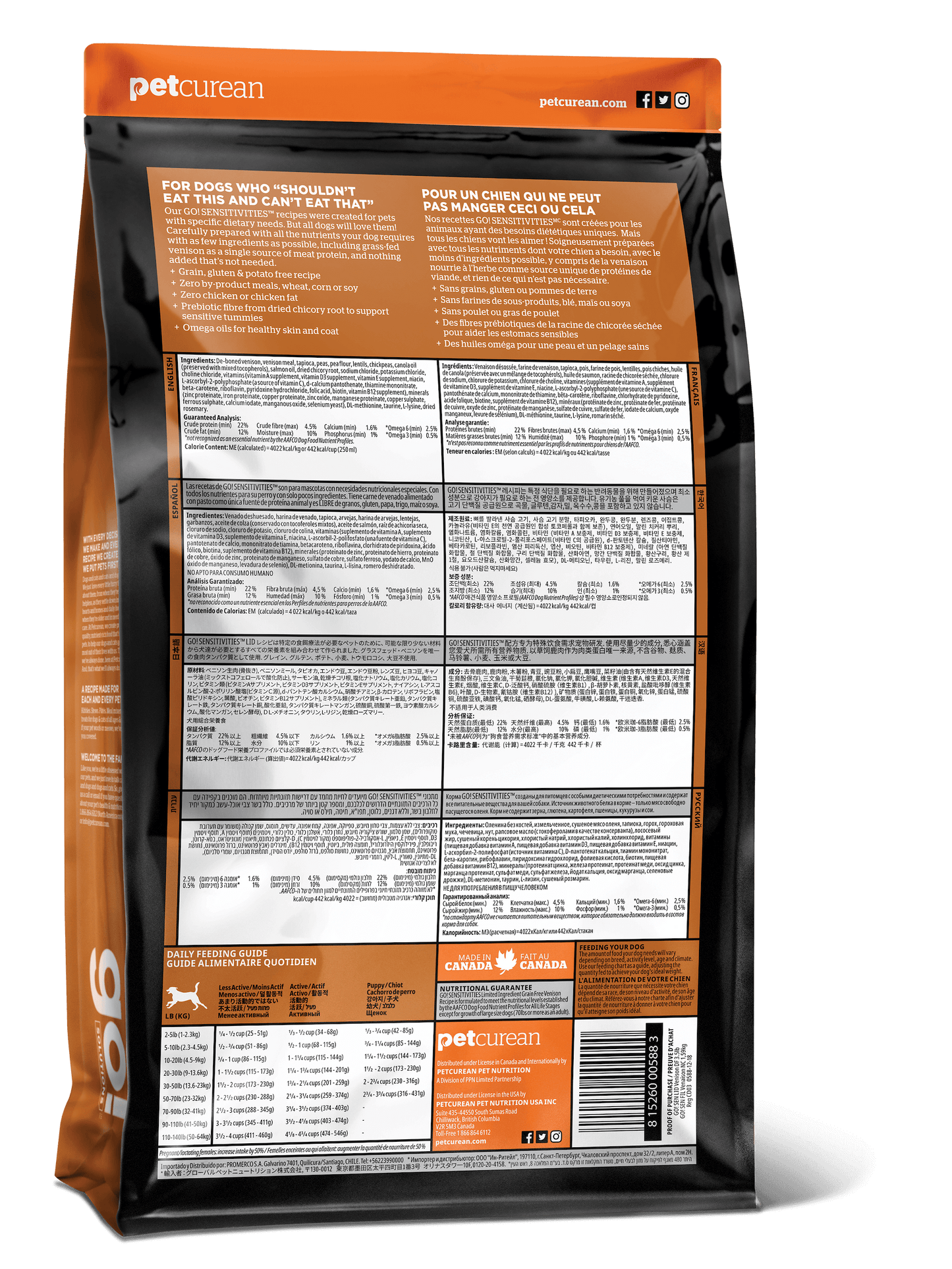 Back of a Go! Solutions SENSITIVITIES Grain Free Limited Ingredient Venison Recipe Dog Food bag showing feeding guidelines, ingredients, nutrition facts, and company contact info in English and French.
