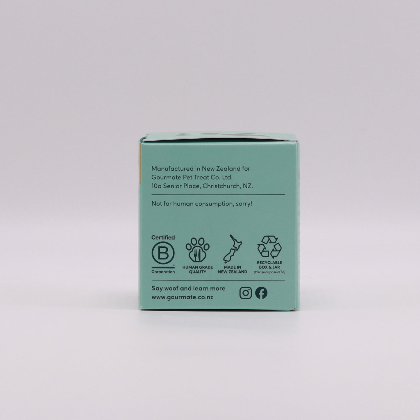 Turquoise packaging by Your Whole Dog featuring Gourmate Pet Treat Co.'s "Bounce With Green Lipped Mussel Oil for Healthy Joints": Made in New Zealand, non-consumable for humans, and recyclable. Comes with certifications and website www.gourmate.co.nz.