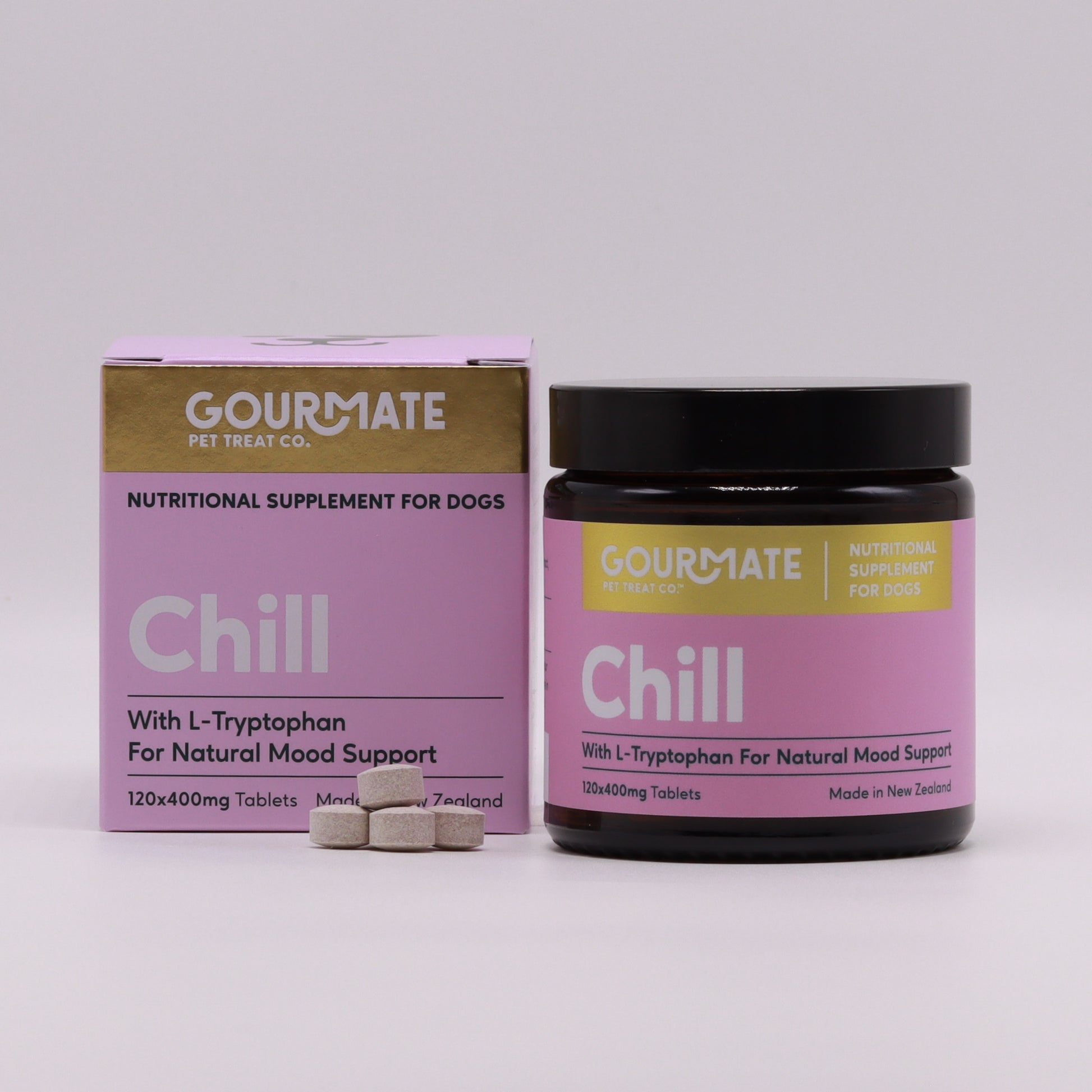 A jar and box of Gourmate Pet Treat Co.'s Chill With L-Tryptophan for Natural Mood Support, including L-tryptophan and Green Lipped Mussel, crafted in New Zealand, with three tablets displayed elegantly in front.