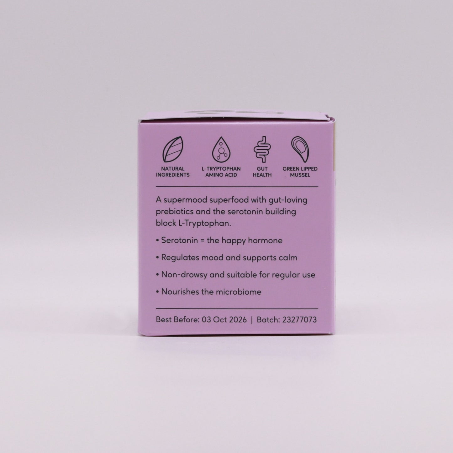 The pink box of Gourmate Pet Treat Co.'s Chill with L-Tryptophan showcases its serotonin and gut health benefits, featuring L-Tryptophan and green-lipped mussel. Best before 03 Oct 2026, Batch: 23277073.