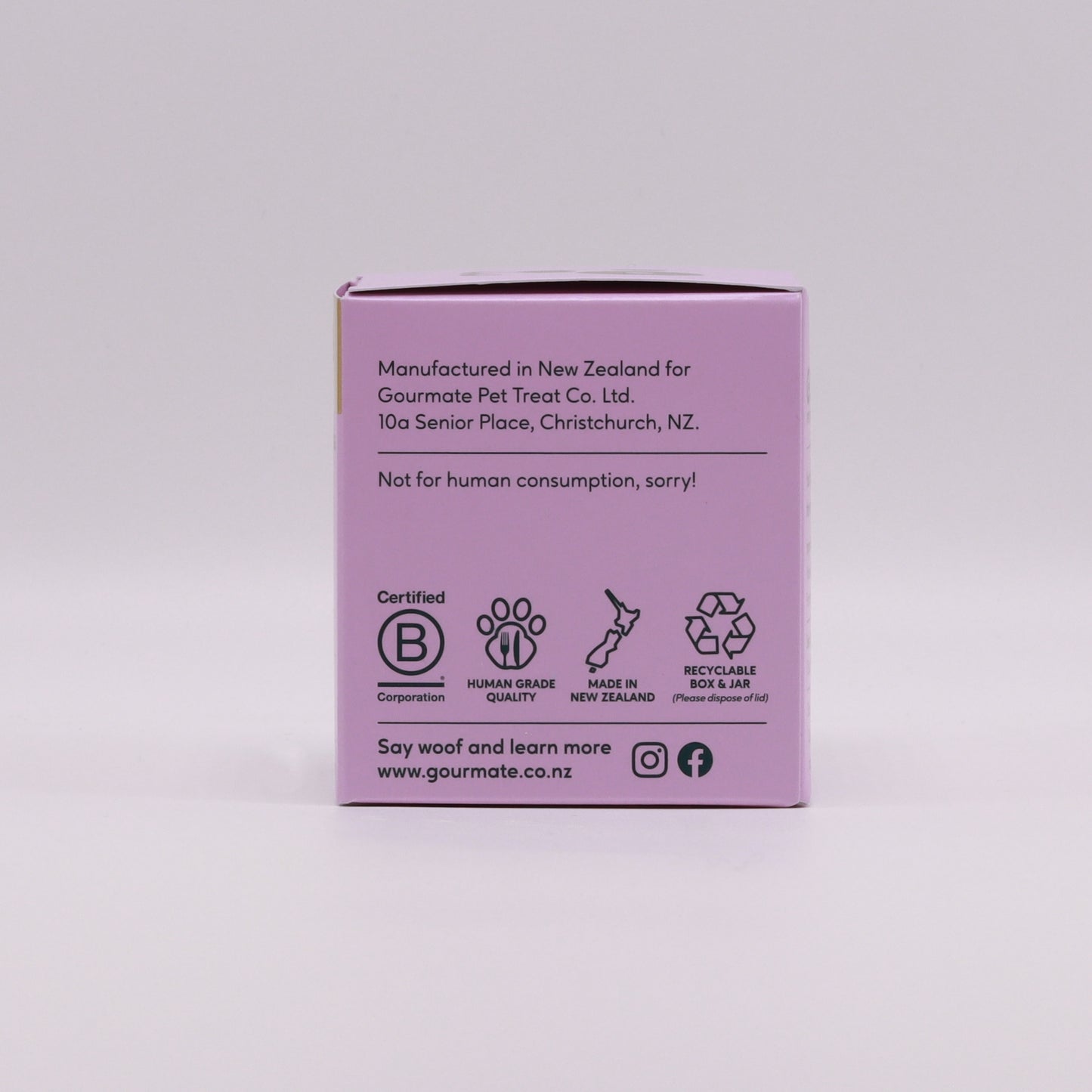 The purple box, highlighting its New Zealand origin and human-grade quality, showcases the Gourmate Pet Treat Co.'s Chill With L-Tryptophan for Natural Mood Support, enriched with Green Lipped Mussel and recyclable materials.