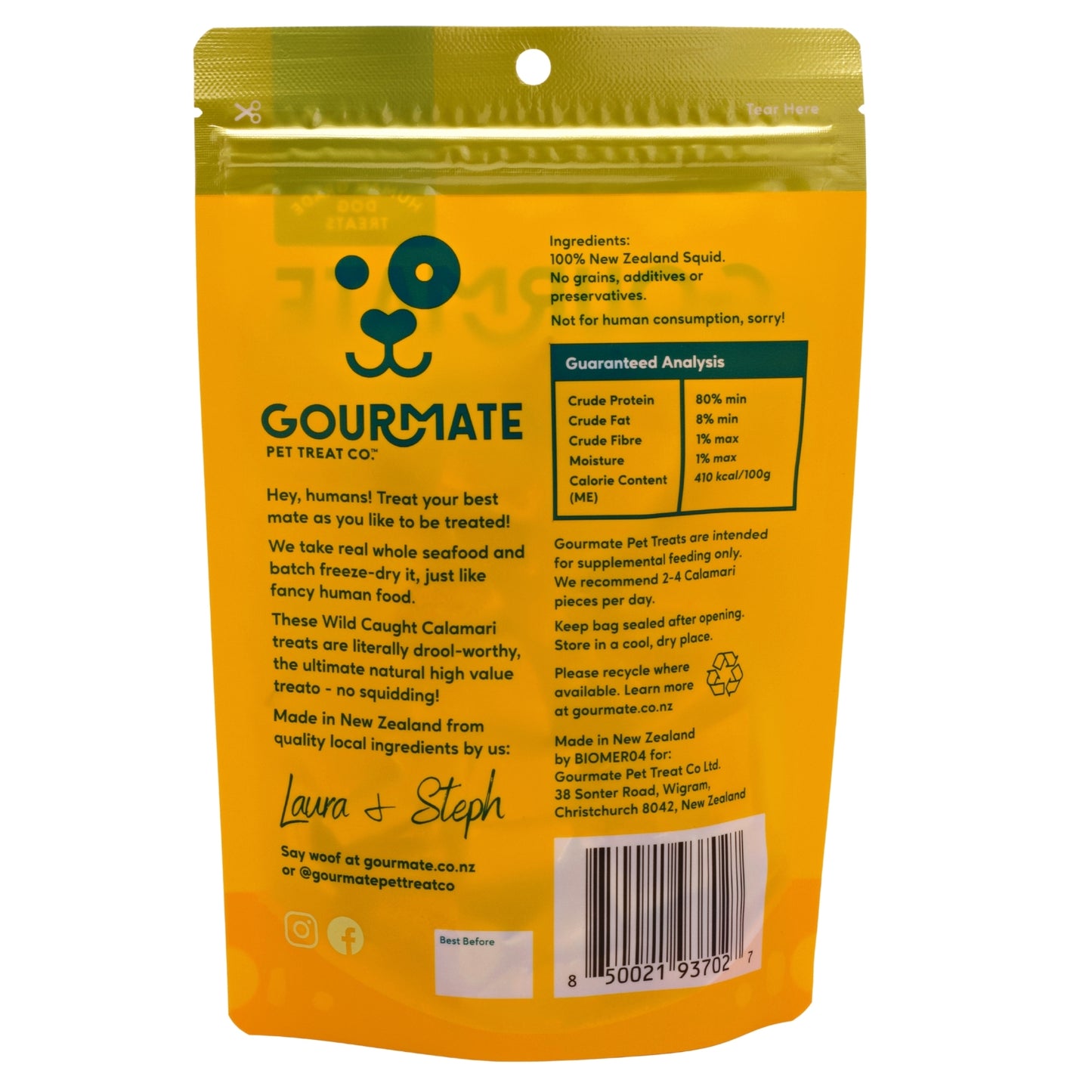 The Gourmate Pet Treat Co. Wild Caught Calamari pouch in yellow highlights a playful illustration and features details on ingredients, guaranteed analysis, and contact info. Freeze drying preserves the premium treats’ omega-3 fatty acids content.