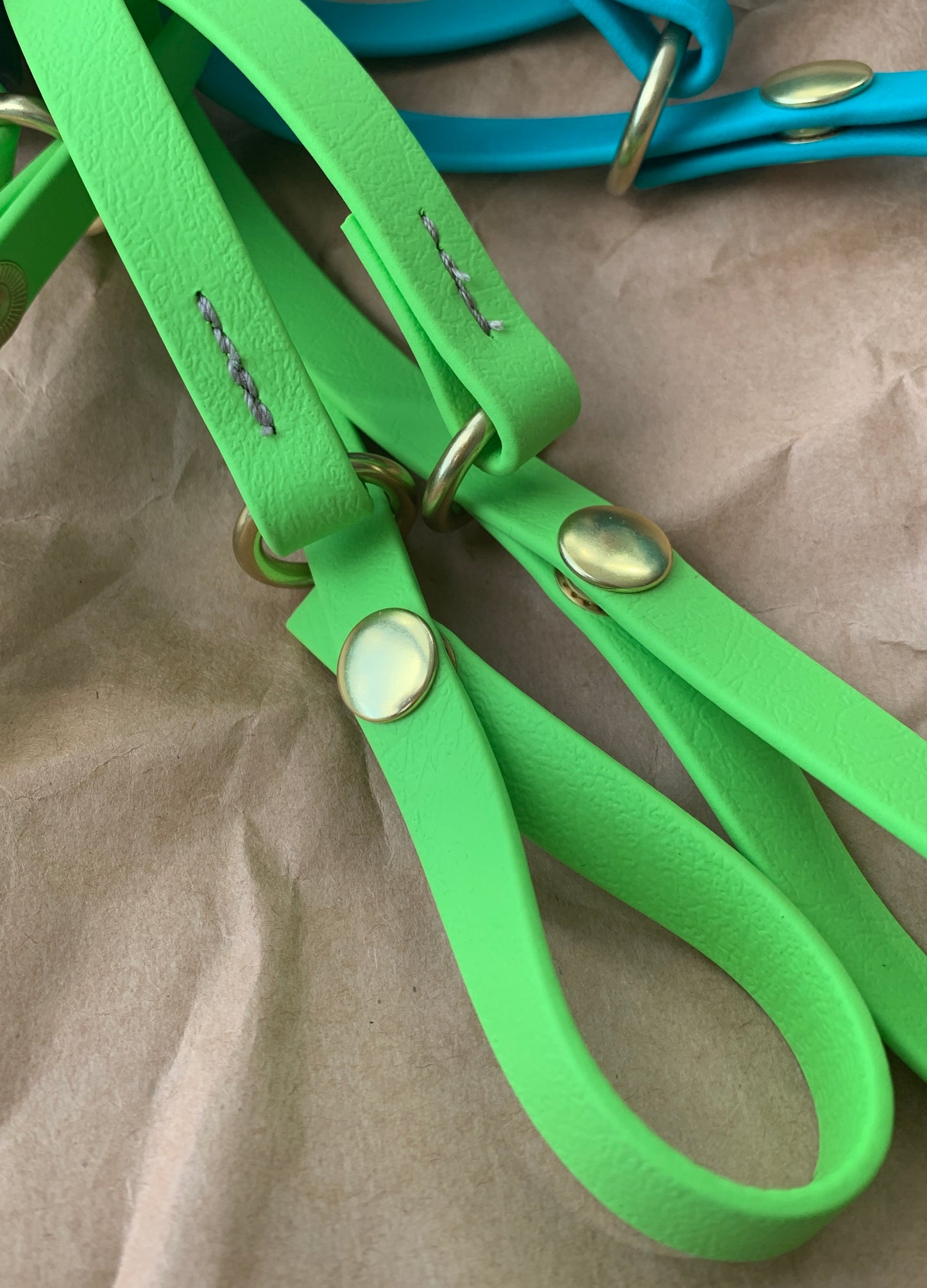 Close-up of two bright green dog leashes with metal hardware on a brown paper background. A partial view of a blue leash is also visible, perfect for those who prefer to attach to a belt for hands-free convenience, using Your Whole Dog's Trailblazing Tails: The Long Line Holder.