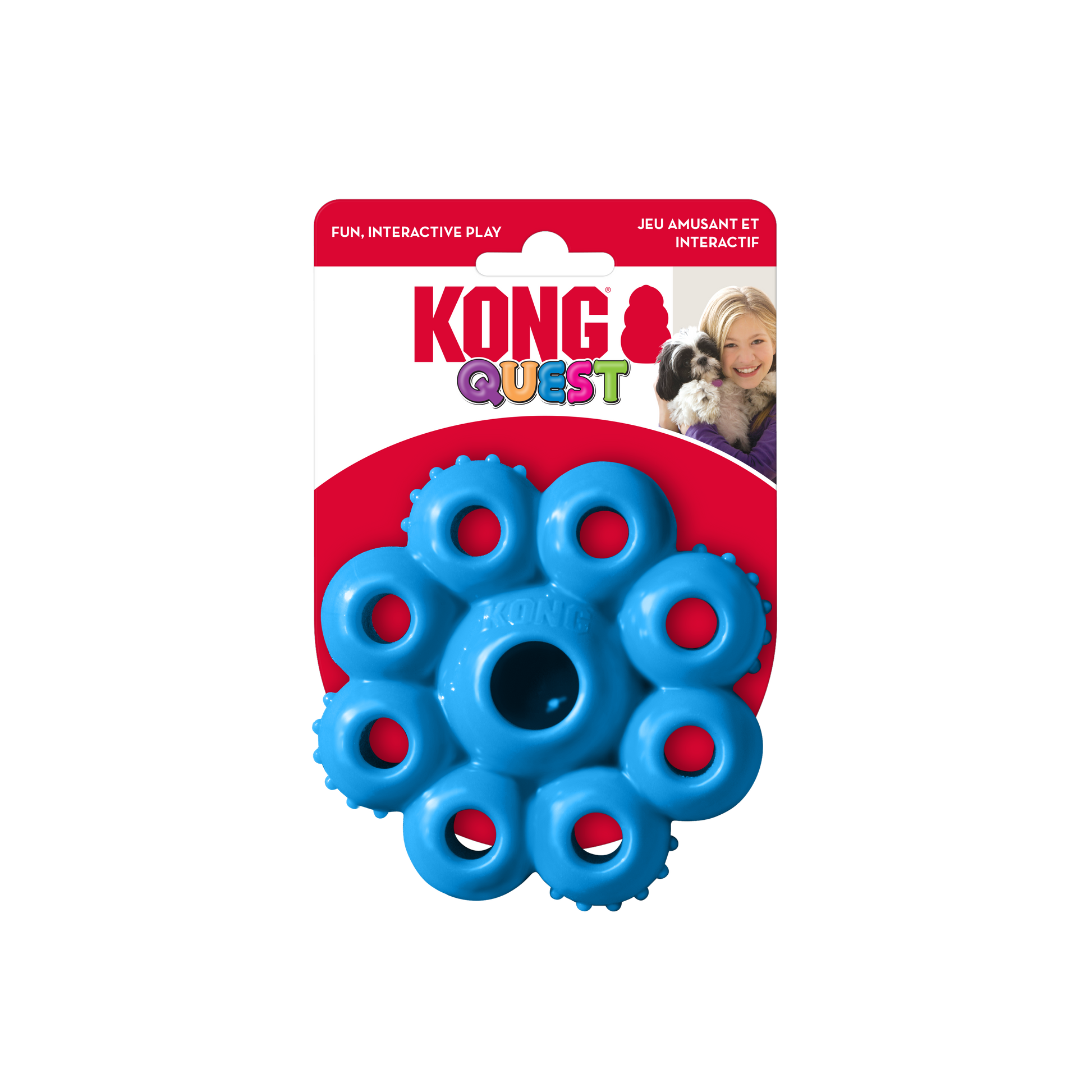 A $10 CLEARANCE KONG Quest Star Pod by KONG, a blue treat-dispensing dog toy with multiple circular sections for interactive play, shown in its packaging.