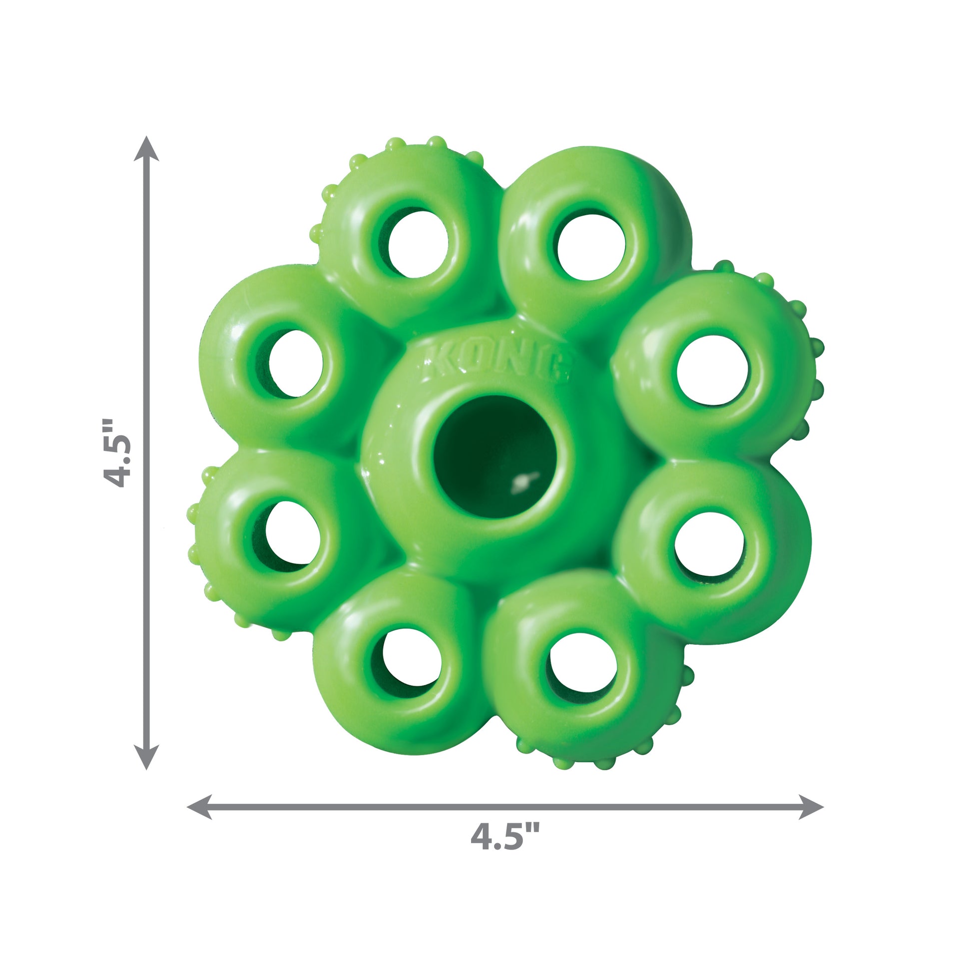 $10 CLEARANCE: KONG Quest Star Pod by KONG—a green circular dog toy with eight holes, 4.5" x 4.5". Ideal as a treat-dispensing, interactive foraging toy.