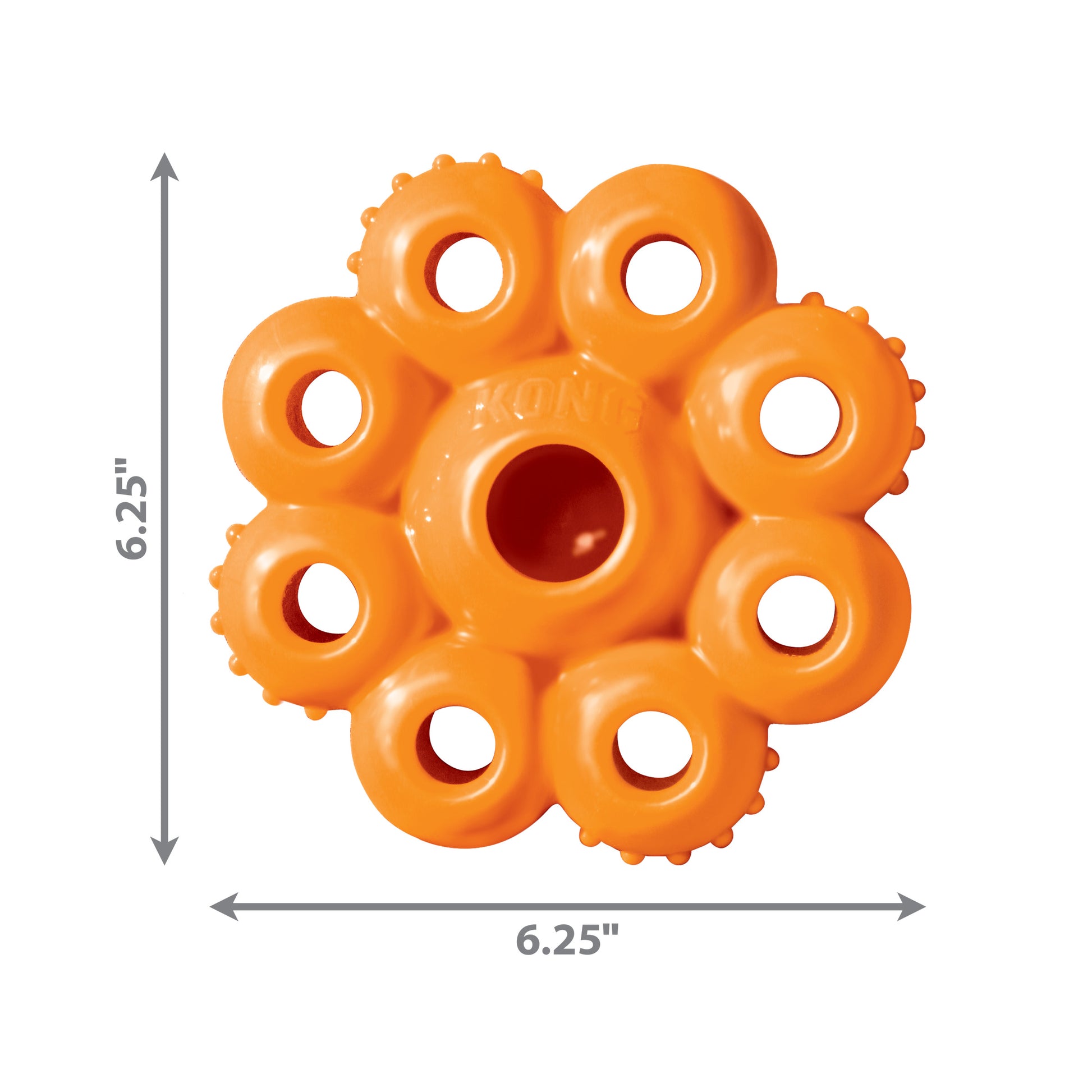 The KONG Quest Star Pod by KONG is an orange, circular dog toy with multiple holes and textured bumps, measuring 6.25" in diameter—ideal for treat dispensing and foraging fun. Now only $10 on clearance!.
