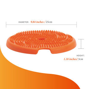 Your Whole Dog's SPIN Interactive 3-in-1 Slow Feeder, Lick Pad & Frisbee is an orange spiky massage cushion designed to resemble an interactive feeder, featuring a diameter of 25 cm and a height of 3 cm.