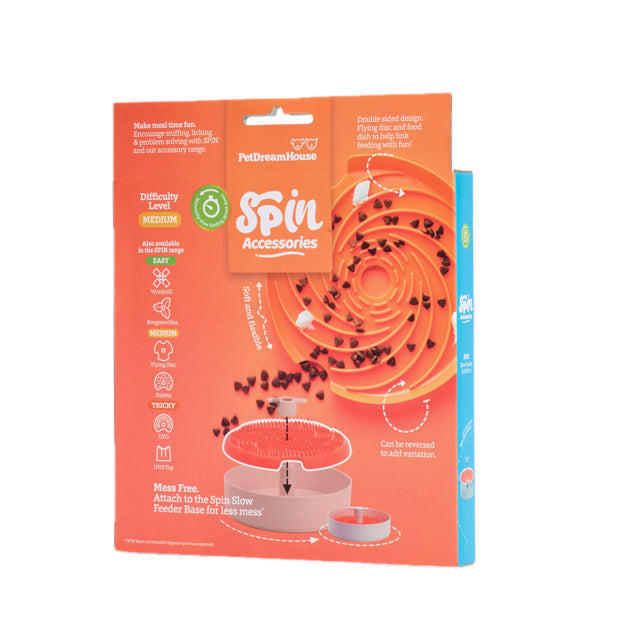 The SPIN Interactive 3-in-1 Slow Feeder, Lick Pad & Frisbee by Your Whole Dog comes in orange packaging and features a circular food maze for pets. Designed with a medium difficulty level and complete with illustrations of its use, this slow-feeding plate ensures an engaging mealtime experience for your furry friend.