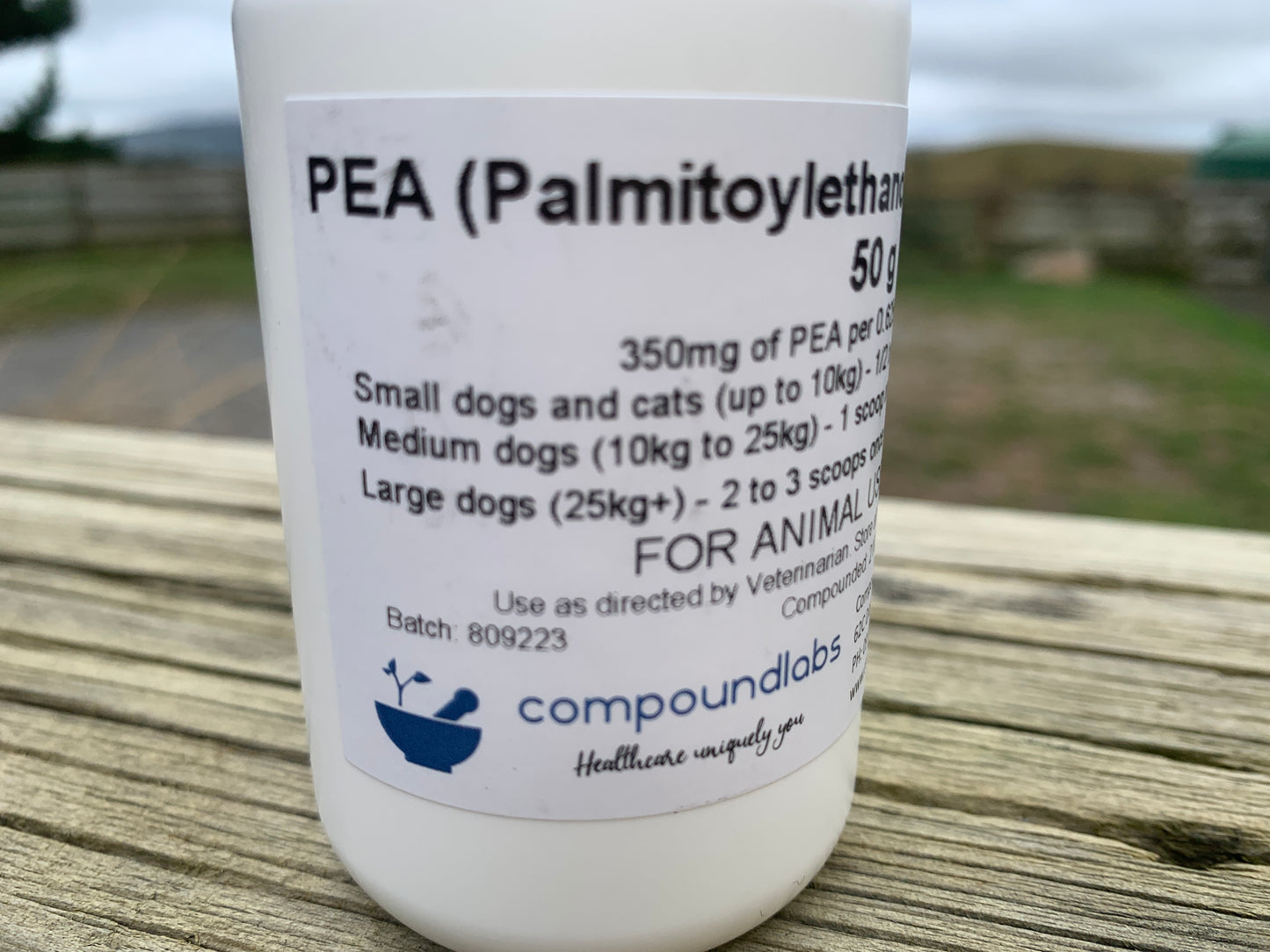 Tub of PEA, with focus on dose infor for dogs and cats. Available from Your Whole Dog