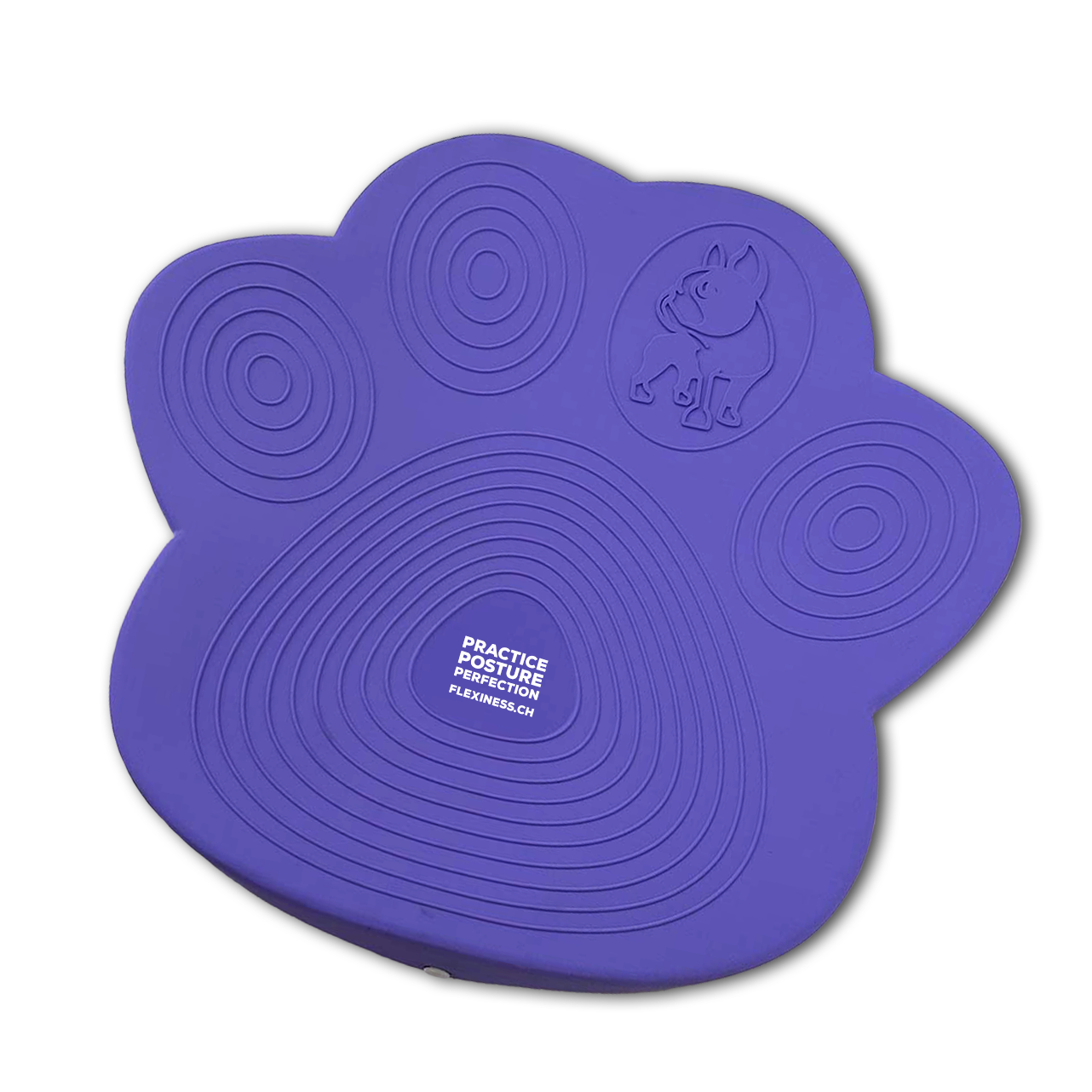 The Flexiness PawDisc by Your Whole Dog is a purple, paw-shaped balance pad featuring concentric circle grips and a rhinoceros logo. The text "PRACTICE POSTURE FLEXNESS.COM" is displayed prominently. Perfect for muscle building and balance training, this pad enhances your workout routine.