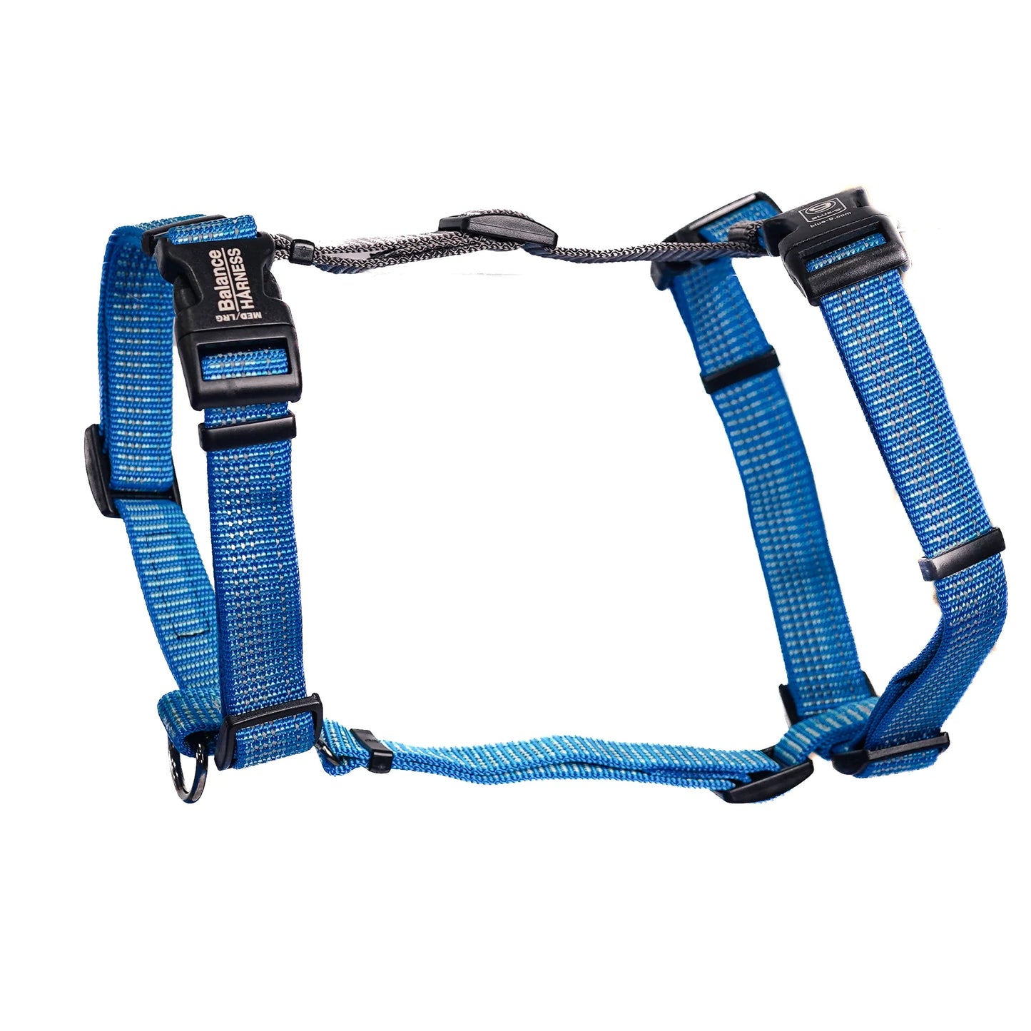 The Blue-9 REFLECTIVE Balance Harness, available for pre-order, is a blue lightweight nylon dog harness with black buckles and metal rings, designed for secure fastening. It features adjustable straps and reflective elements to ensure safety during evening strolls.