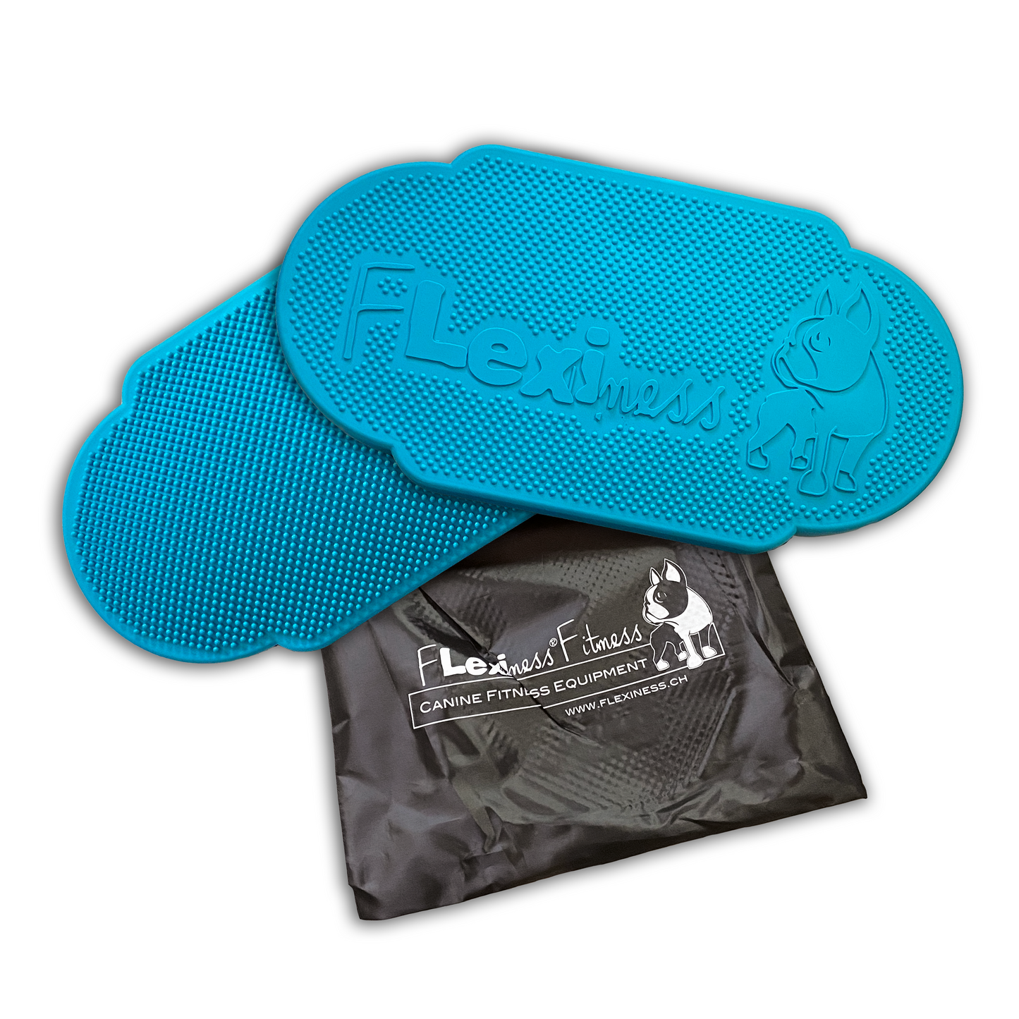 Two Flexiness TwinDisc balance discs by Flexiness Canine Fitness Equipment, featuring a blue textured surface, are stacked together with a branded black storage bag underneath—ideal for your dog's fitness routine.