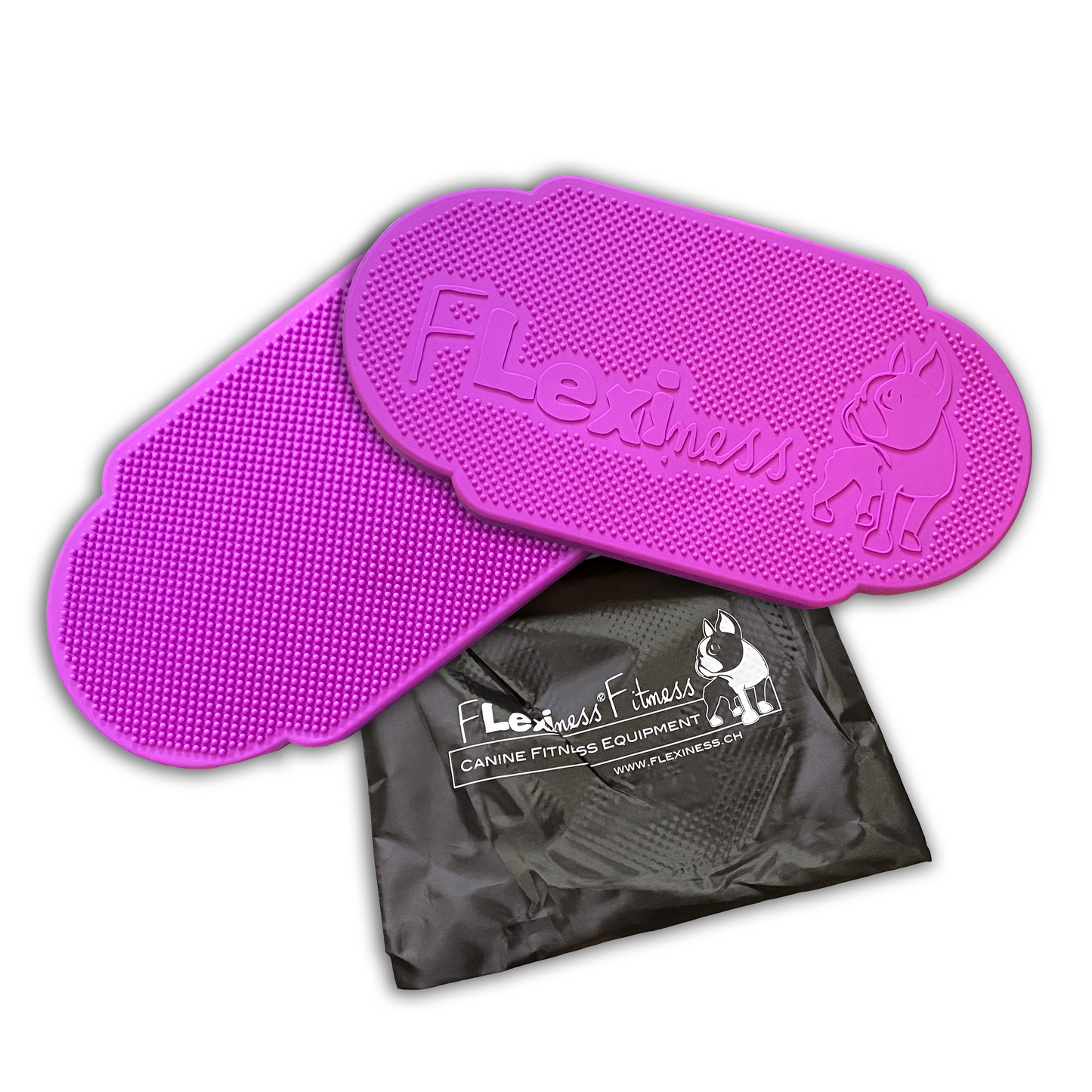 Two textured, purple Flexiness Canine Fitness Equipment TwinDisc inflatable balance discs are shown with a black carrying bag—a great addition to any dog fitness routine.