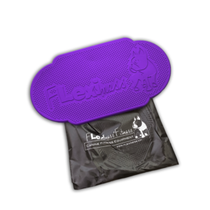 The Flexiness Canine Fitness Equipment's TwinDisc (purple) is ideal for balance training and comes neatly packed in a sleek black pouch.