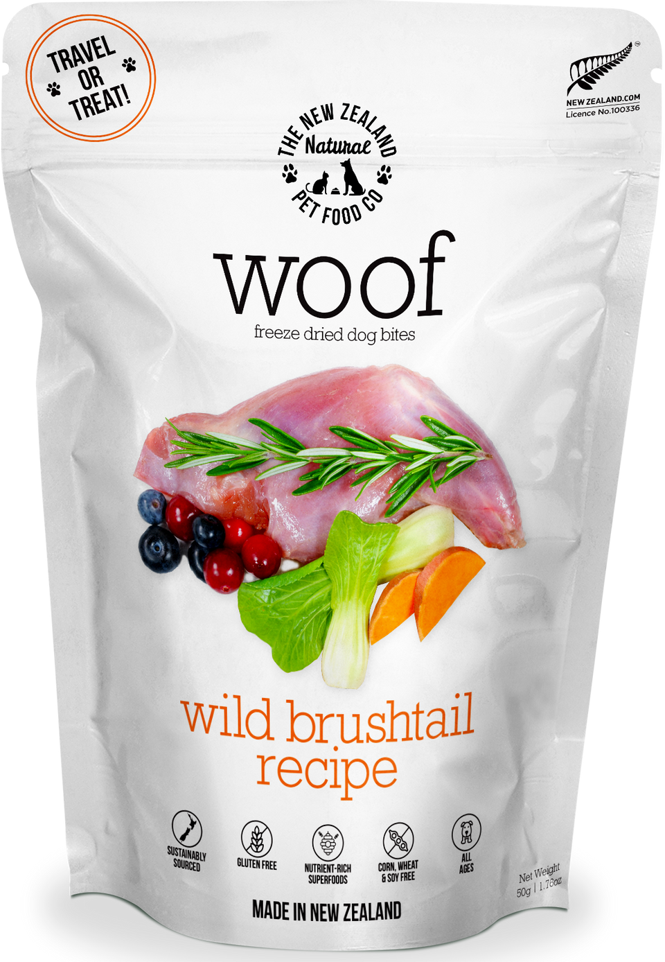 A bag of WOOF Freeze Dried Wild Brushtail Dog Food by WOOF - The NZ Natural Petfood Co, made with grain-free raw meat, berries, and vegetables; product features are shown on the packaging.