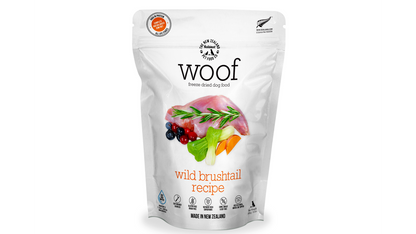 A bag of Woof: Freeze Dried Wild Brushtail Dog Food by Your Whole Dog with delicious vegetables and meat.