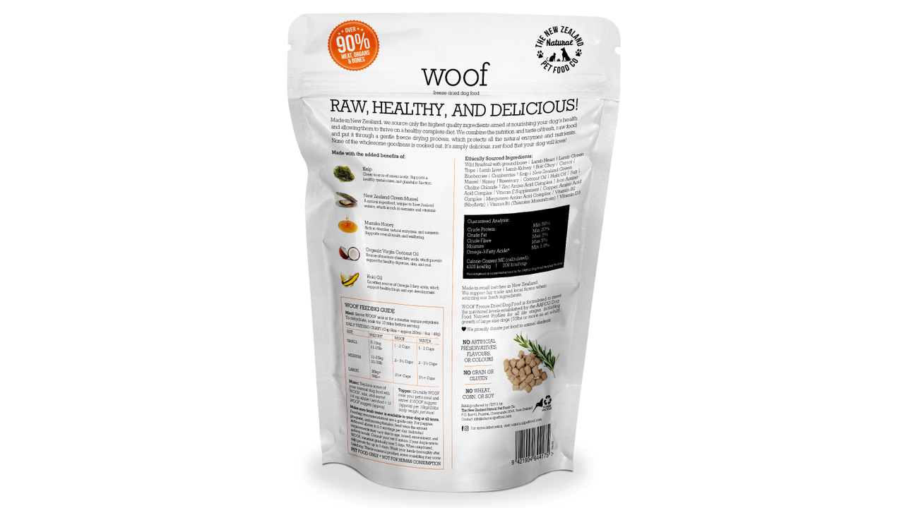 Back of a WOOF Freeze Dried Wild Brushtail Dog Food pouch by WOOF - The NZ Natural Petfood Co showing product info, ingredients, feeding guide, nutritional analysis, and a round orange "90% Meat, Organs & Bones" label. Grain-free for your dog’s health.