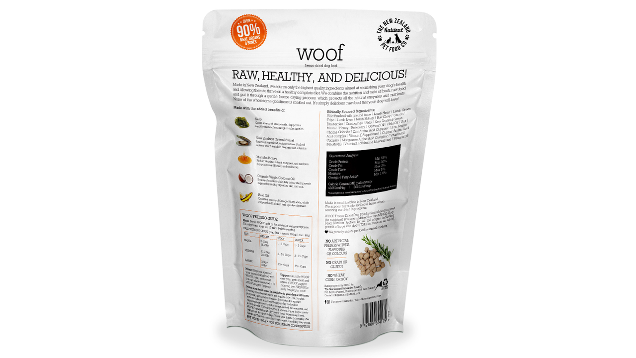 A bag of Your Whole Dog's delicious and healthy Woof: Freeze Dried Wild Brushtail Dog Food snack mix.