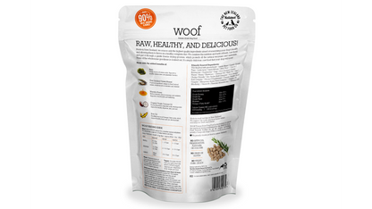 A bag of Your Whole Dog's delicious and healthy Woof: Freeze Dried Wild Brushtail Dog Food snack mix.
