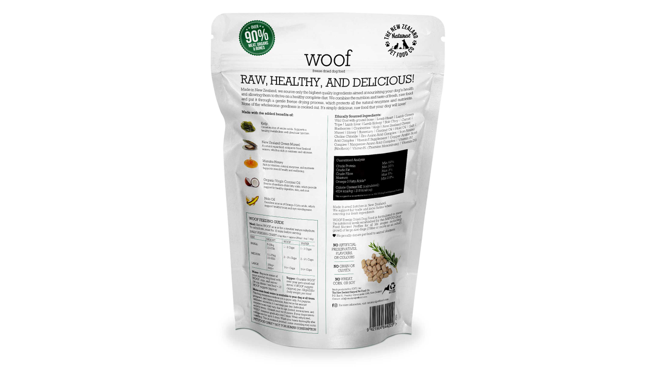 A bag of Woof: Freeze Dried Wild Goat Dog Food from Your Whole Dog on a white background.