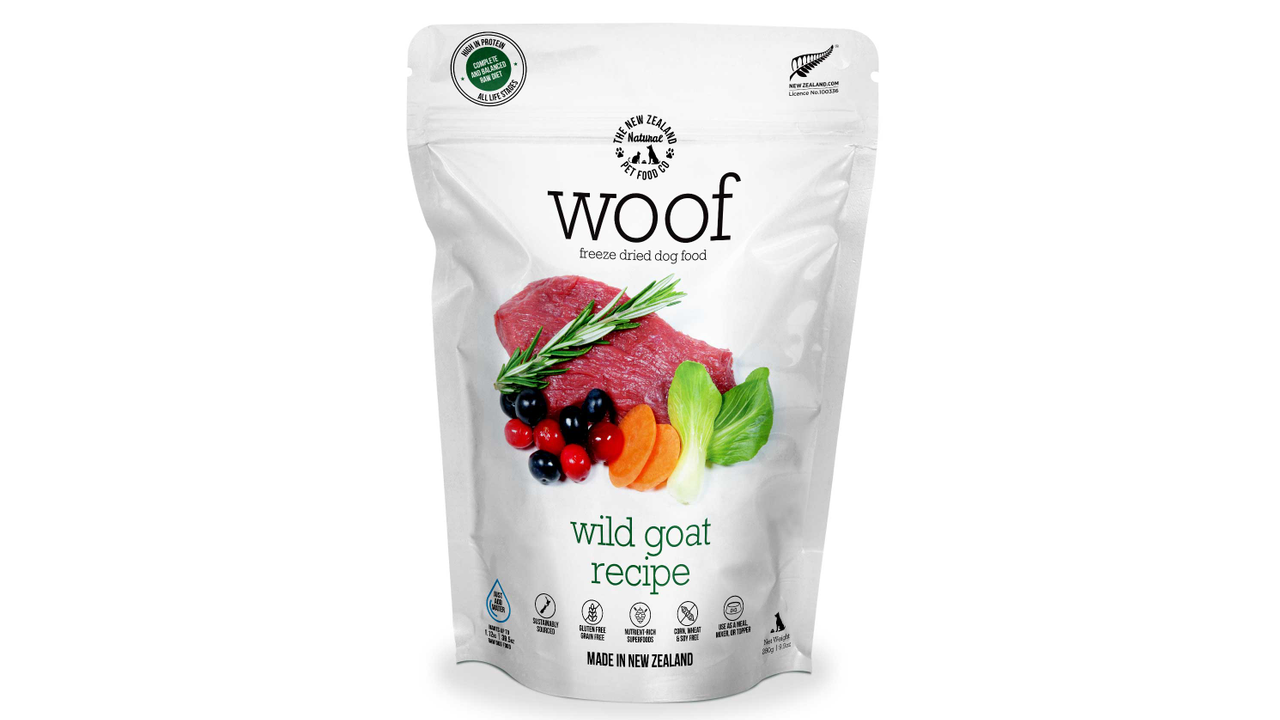 A raw and healthy bag of Woof: Freeze Dried Wild Goat Dog Food with New Zealand meat and vegetables by Your Whole Dog.
