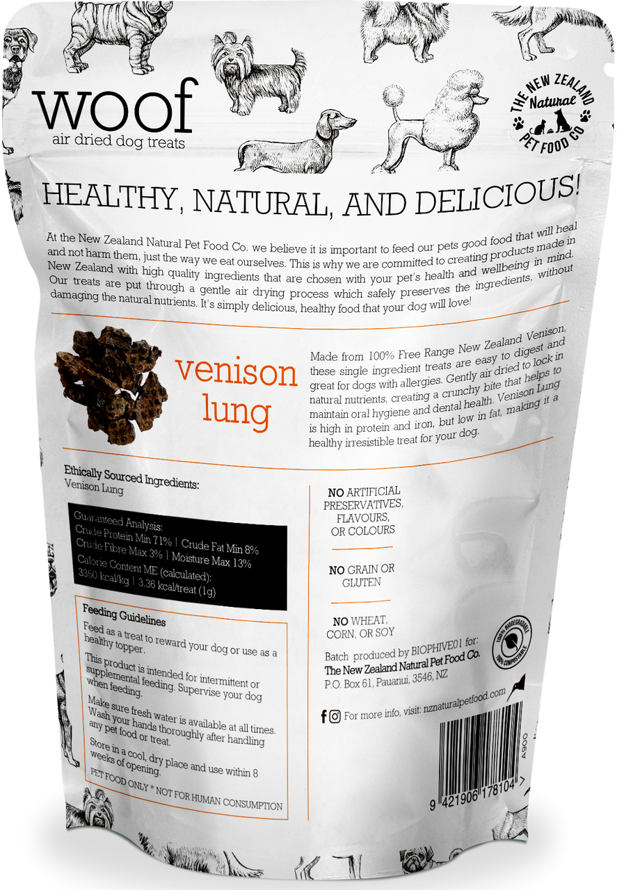 The packaging of Your Whole Dog's Woof Venison Lung Treats (50g) emphasizes air-dried venison lung preserved through freeze-drying. It highlights ethical sourcing with no artificial preservatives or additives and is proudly made in New Zealand.