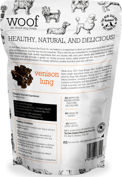 Your Whole Dog's Woof: Venison Lung Treats (50g) is a delicious and nutritious snack for dogs. Made with high-quality venison, this treat undergoes a meticulous freeze drying process which helps retain its natural flavors.