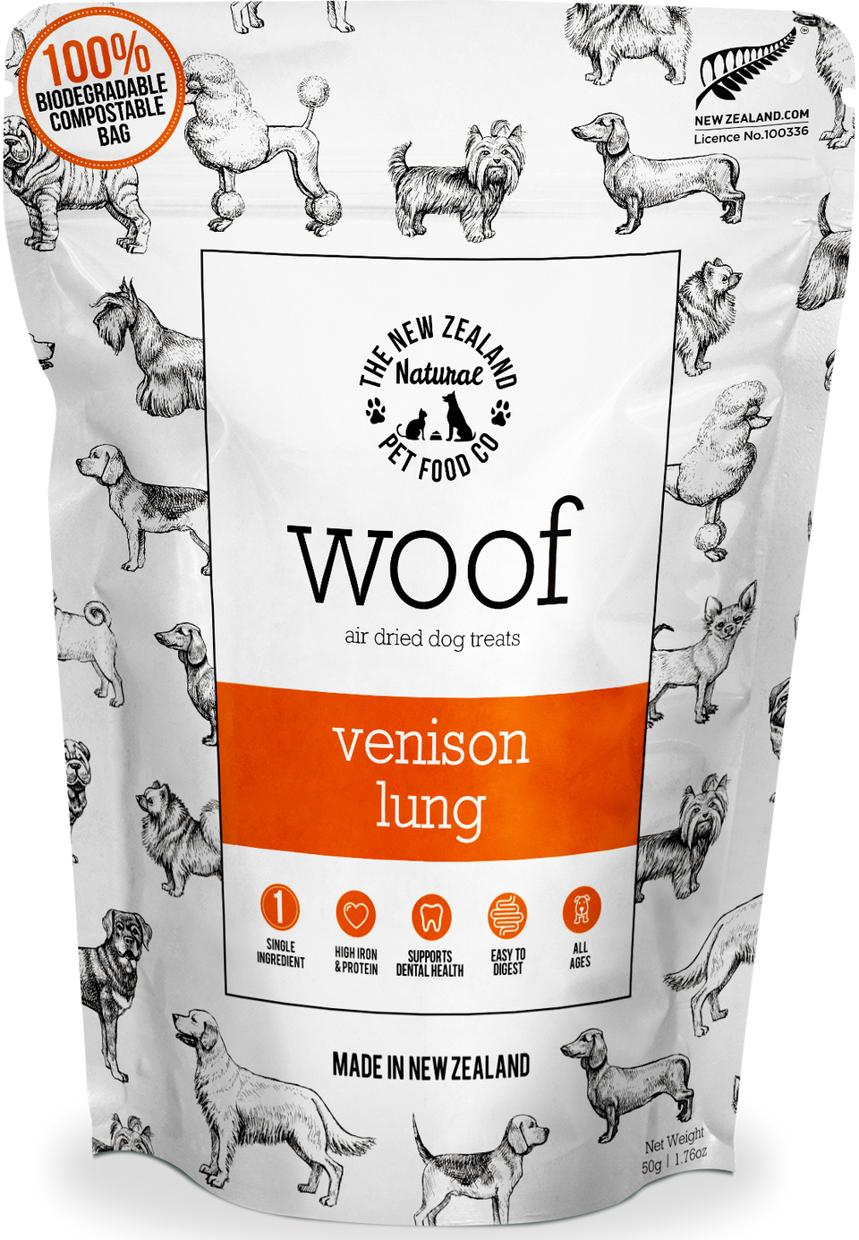 The "Woof Venison Lung Treats (50g)" by Your Whole Dog feature air-dried venison lung, encapsulating the raw pet food experience. Presented in a 100% biodegradable bag, this product provides an environmentally friendly option for pet owners who prioritize sustainability and quality treats.