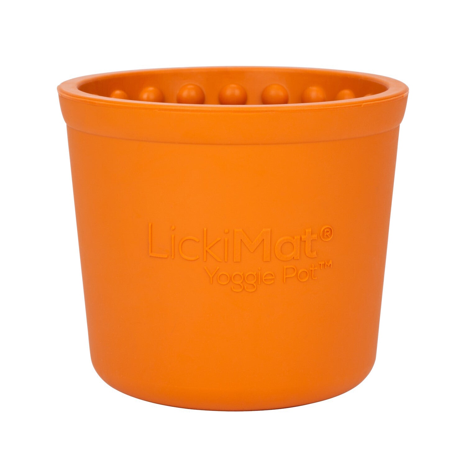 An orange LickiMat: Yoggie Pot Slow Feeder Bowl, potentially a pet enrichment accessory from Your Whole Dog.