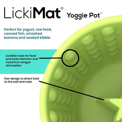 A promotional image showcasing the key features of the LickiMat: Yoggie Pot Slow Feeder Bowl, a pet feeding mat designed for yogurt, raw food, canned food, and soaked kibble, highlighting its maximum. Brand Name: Your Whole Dog