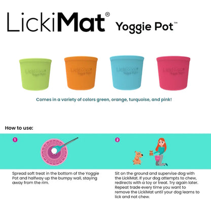 An assortment of Your Whole Dog's LickiMat: Yoggie Pot Slow Feeder Bowls in various colors with instructions on how to use them for slow feeding dog treats.