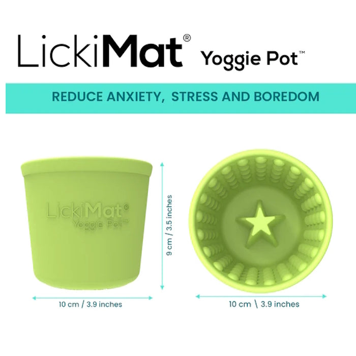 Product image of a green LickiMat: Yoggie Pot Slow Feeder Bowl designed to reduce anxiety, stress, and boredom in pets, with dimensions provided.