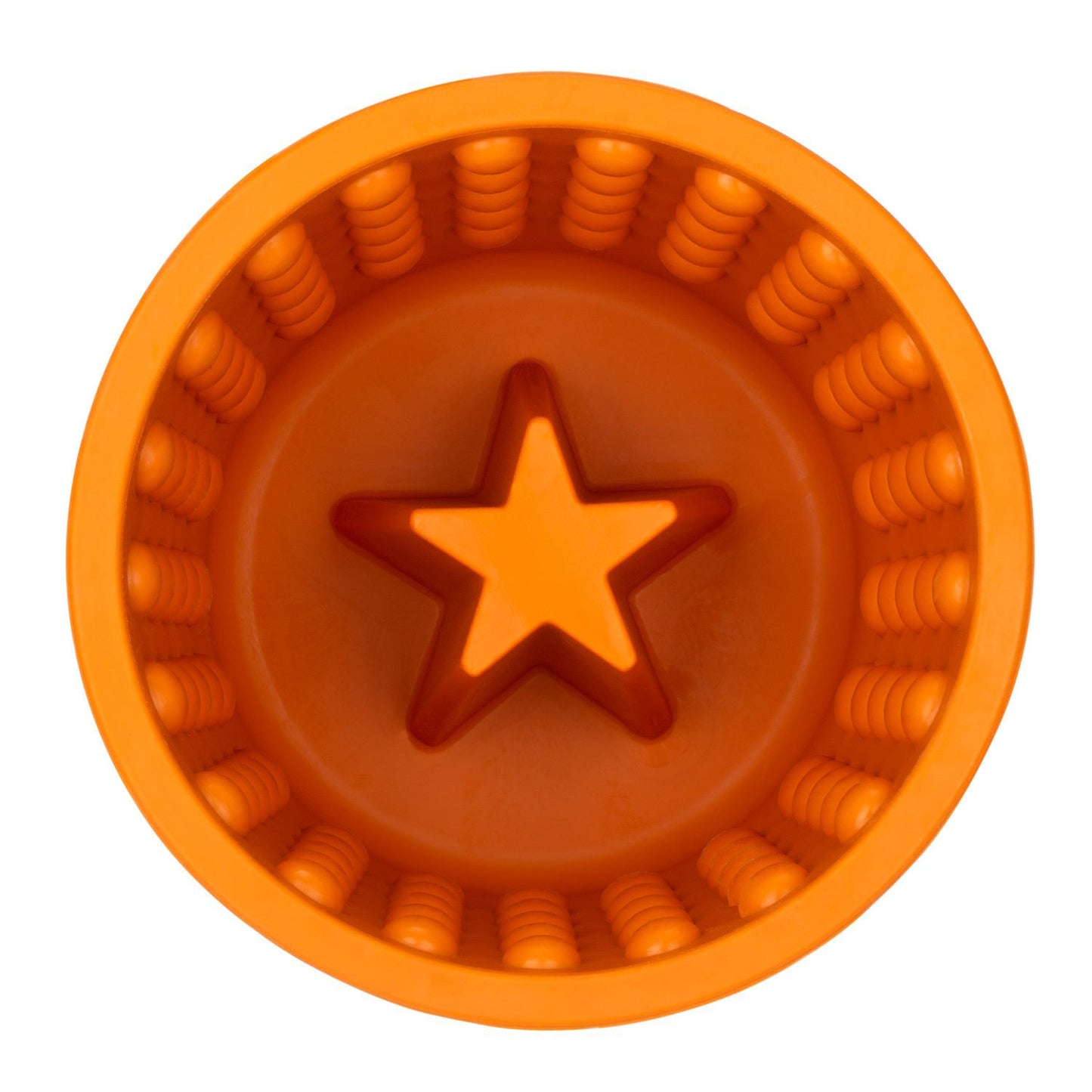 Orange plastic LickiMat: Yoggie Pot Slow Feeder Bowl ashtray with star design in the center by Your Whole Dog.