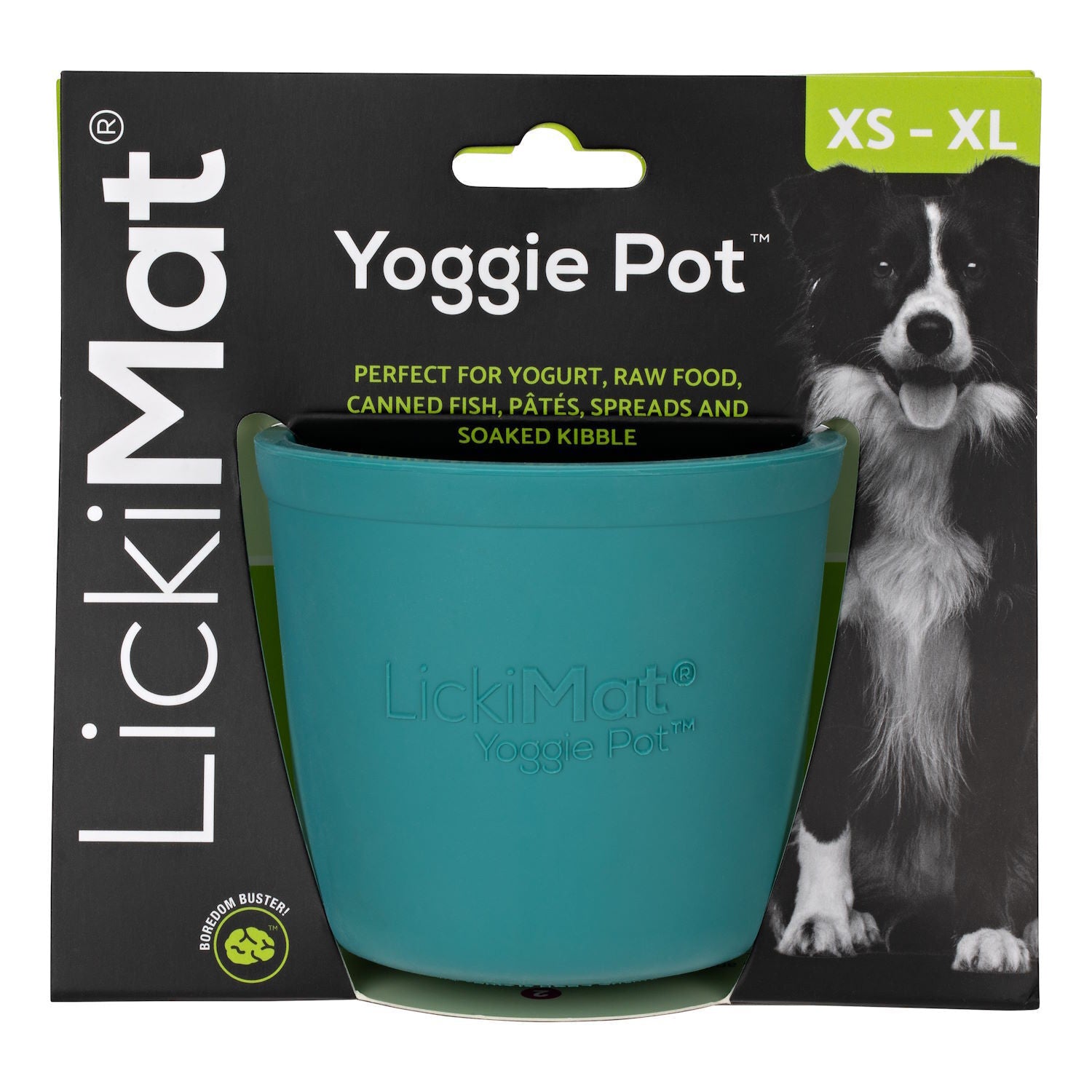 Dog treat puzzle toy called "LickiMat: Yoggie Pot Slow Feeder Bowl" designed for various types of dog food, featuring enrichment and slow feeding features, with a black and white collie on the packaging by Your Whole Dog.