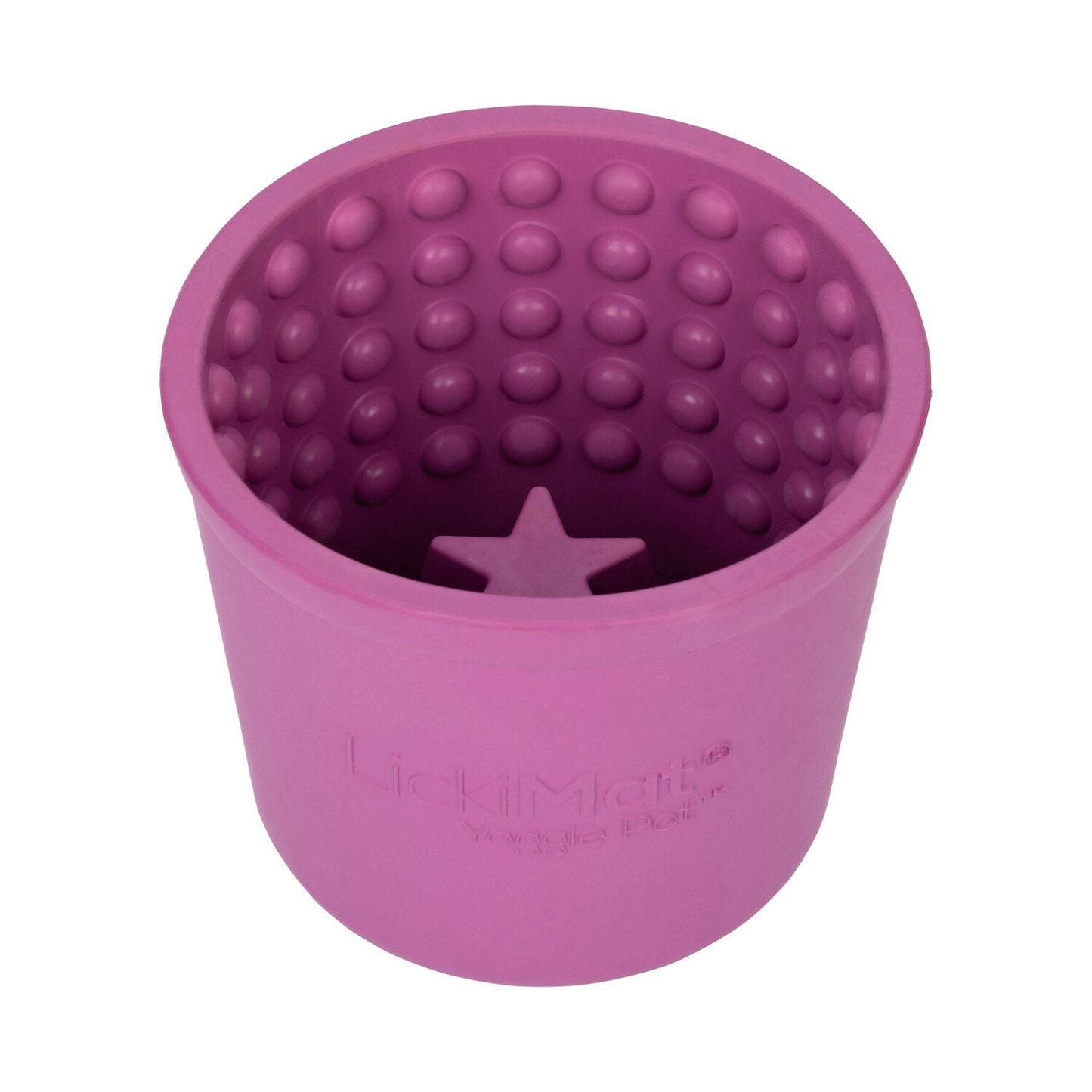A pink Your Whole Dog LickiMat: Yoggie Pot Slow Feeder Bowl, an enrichment textured pet feeding bowl designed to slow down feeding and enhance licking stimulation for pets.