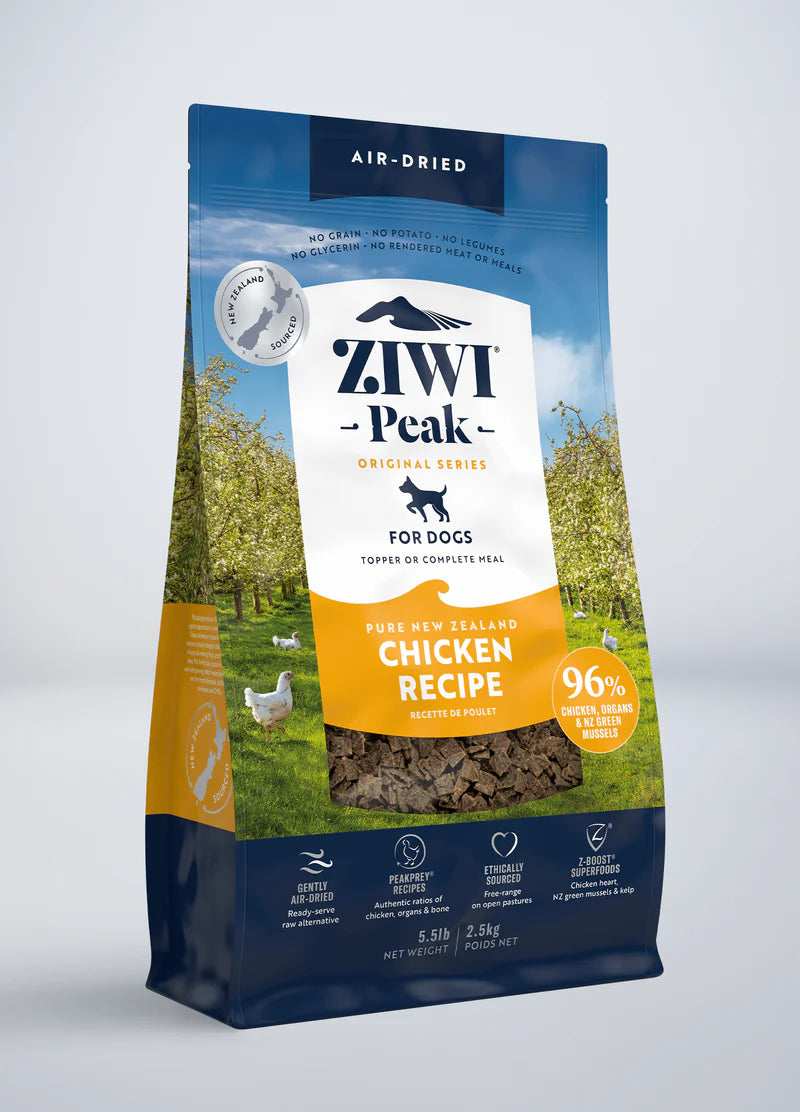 The ZIWI Peak Air-Dried Chicken Recipe for Dogs is a 5.5lb bag featuring a Free-Range New Zealand recipe with 96% chicken, organs, and bone. It contains no grains, potatoes, or legumes and belongs to the original series.